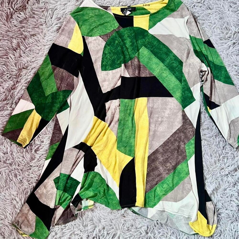 Green yellow Retro Geometric 70s Inspired Disco‎ Eclectic colorblocked blouse